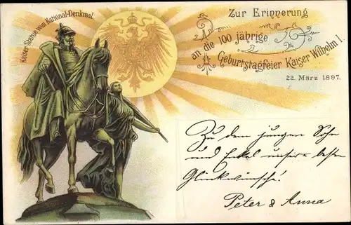Litho Berlin, Kaiser Wilhelm I., 100jh Geburtstag 1897, Denkmal