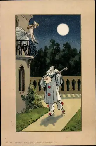 Künstler Ak Harlekin, Pierrot, Pierrette auf dem Balkon, Amor