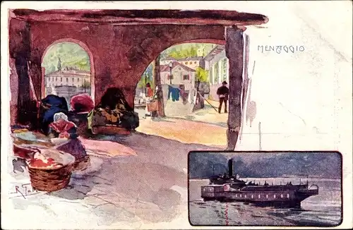 Künstler Litho Menaggio Lago di Como Lombardia, Stadtansicht, Schiff, Markt, Korb