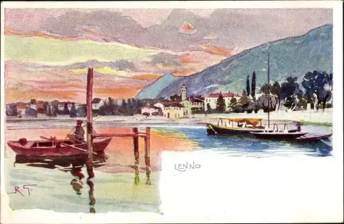 Künstler Litho Lenno Lago di Como Lombardia, Hafenpartie, Ruderboot