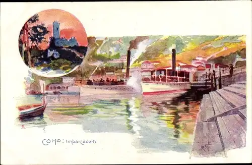 Künstler Litho Como Lombardia, Imbarcadero, Hafen, Dampfer, Schloss