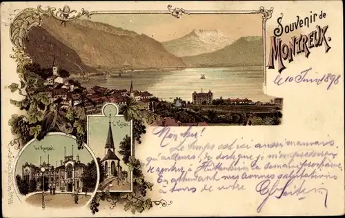 Litho Montreux Kanton Waadt Schweiz, Totalansicht, Kursaal, L'Eglise