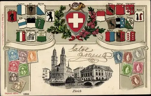 Präge Briefmarken Wappen Ak Zürich Stadt Schweiz, Stadtansicht