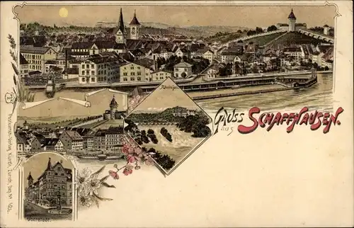 Mondschein Litho Schaffhausen Stadt Schweiz, Totalansicht, Oberstadt, Wasserfall