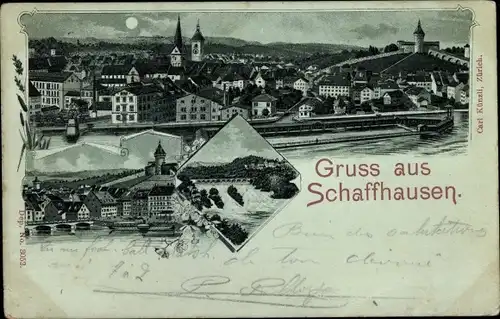 Mondschein Litho Schaffhausen Stadt Schweiz, Blick auf Stadt, Wasserfall, Brücke