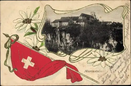 Präge Wappen Ak Mariastein Kanton Solothurn, Blick auf den Ort, Edelweiß