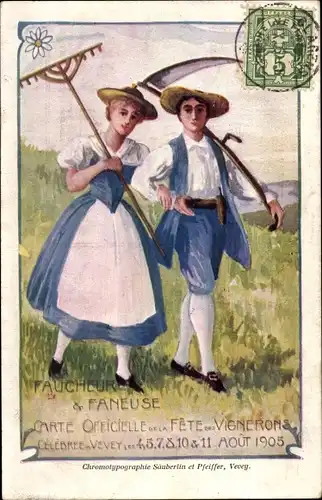 Ak Kanton Waadt Schweiz, Faucheur & Faneuse, Fete des Vignerons 1905