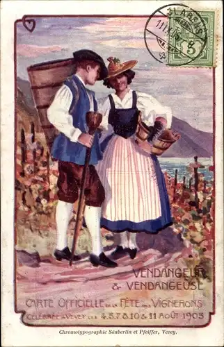 Passepartout Ak Kanton Waadt Schweiz, Vendangeur & Vendangeuse, Fete des Vignerons 1905