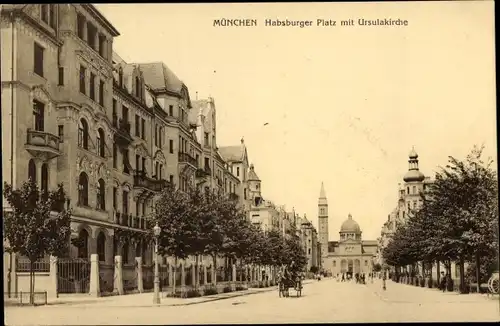 Ak München, Blick zum Habsburger Platz mit der Ursulakirche