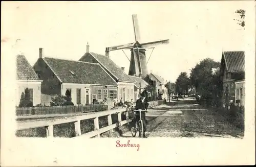 Ak Oost Souburg Zeeland Niederlande, Straßenpartie, Windmühle