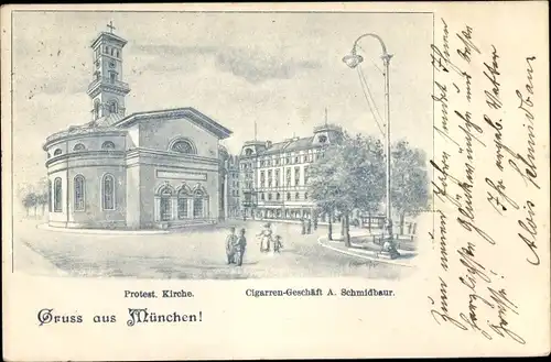 Künstler Ak München Bayern, Protestantische Kirche, Zigarrengeschäft A. Schmidbaur
