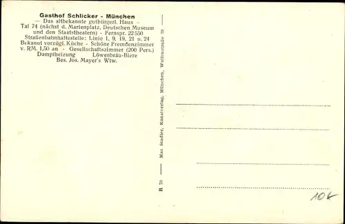 Ak München, Gasthof Schlicker, Tal 74, Marienplatz, Rathaus, Frauenkirche