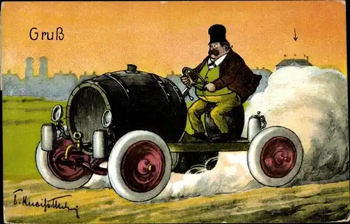 Künstler Ak Kneiß, Emil, Dicker Mann, Automobil aus einem Bierfass