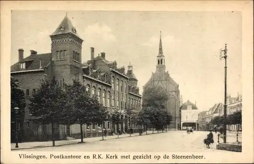 Ak Vlissingen Zeeland Niederlande, Postkantoor en R. K. Kerk met gezicht op de Steenenbeer