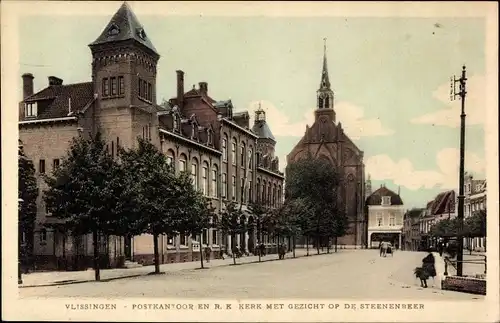 Ak Vlissingen Zeeland Niederlande, Postkantoor en R. K. Kerk met Gezicht op de Steenenbeer