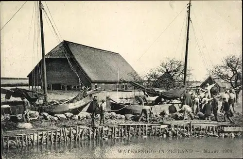 Ak Hontenisse Zeeland Niederlande, Watersnood, 1906, Menschen bei der Arbeit