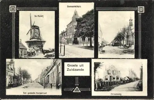 Ak Zuidzande Zeeland Niederlande, De Molen, Gemeentehuis, Straatweg, Dorpstraat