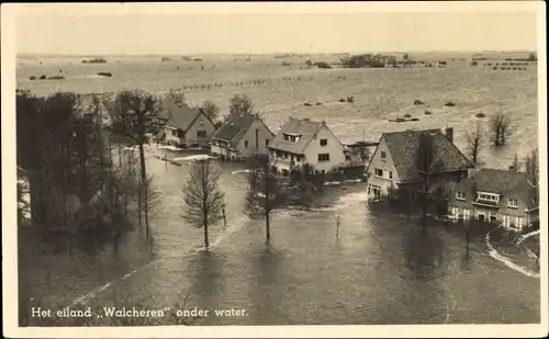 Ak Walcheren Zeeland, Her eiland Walcheren onder water, überschwemmter Ort