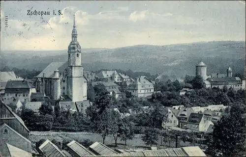 Ak Zschopau im Erzgebirge Sachsen, Ortsansicht mit Kirche und Schloss
