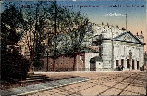 Ak Görlitz Oberlausitz, Stadthalle, Konzerthaus mit Jacob Böhme Denkmal