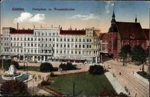 Ak Görlitz Lausitz, Postplatz mit Frauenkirche, Denkmal