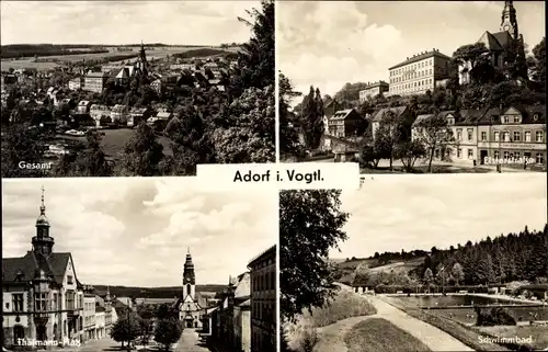 Ak Adorf im Vogtland, Elsterstraße, Thälmann-Platz, Schwimmbad, Panorama