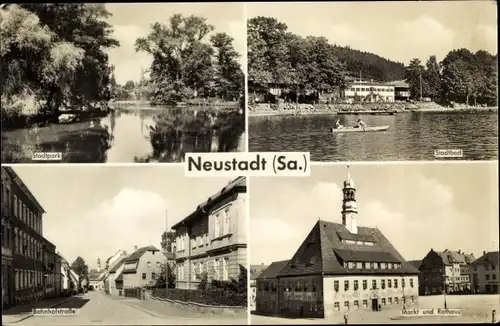 Ak Neustadt in Sachsen, Markt, Rathaus, Stadtbad, Bahnhofstraße, Stadtpark