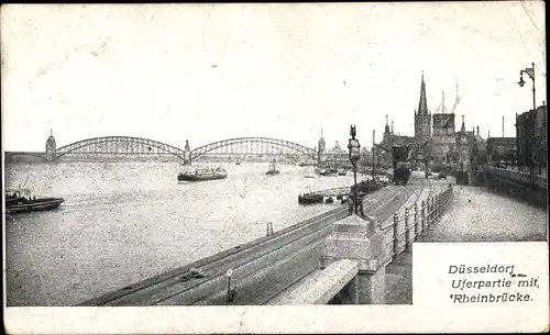 Ak Düsseldorf am Rhein, Uferpartie mit Rheinbrücke