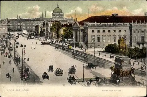 Ak Berlin Mitte, Unter den Linden, Denkmal, Straßenszene