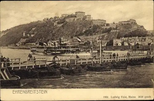 Ak Ehrenbreitstein Koblenz am Rhein, Festung, Schiffsbrücke, Dampfer