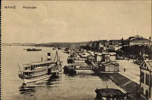 Ak Mainz am Rhein, Rheinufer, Anleger, Schiffe, Brücke