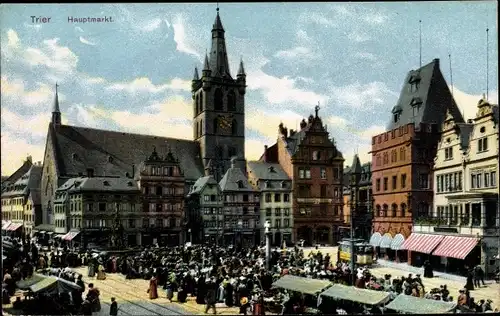 Ak Trier an der Mosel, Hauptmarkt, Marktszene, Turm, Straßenbahn