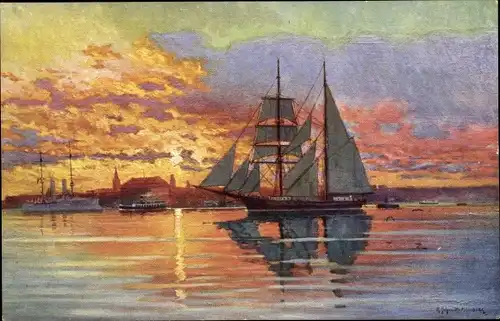 Künstler Ak Schmidt, R., Sonnenuntergang im Kieler Hafen, Segelschiff