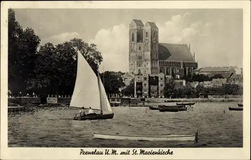 Ak Prenzlau in der Uckermark, St. Marienkirche, Segelboot
