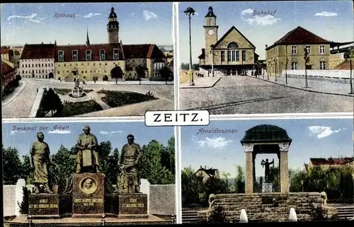 Ak Zeitz im Burgenlandkreis, Rathaus, Bahnhof, Denkmal der Arbeit, Arnoldbrunnen