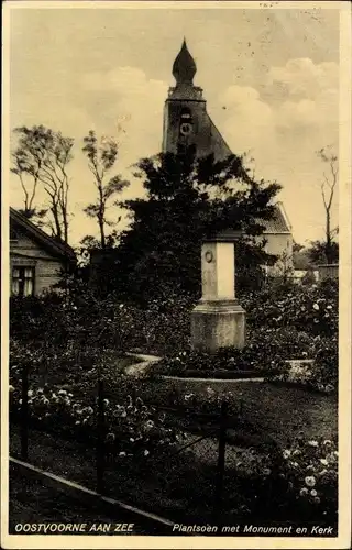 Ak Oostvoorne aan Zee Südholland, Plantsoen met Monument en Kerk