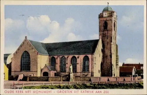 Ak Katwijk aan Zee Südholland Niederlande, Oude Kerk met Monument