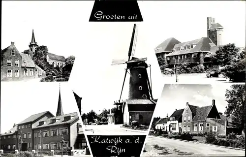 Ak Katwijk aan den Rijn Südholland Niederlande, Straßenpartie, Windmühle, Kirche