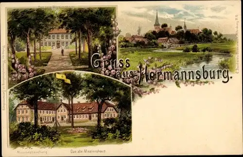 Litho Hermannsburg Lüneburger Heide, Neues und altes Missionshaus, Ortsansicht, Missionshandlung