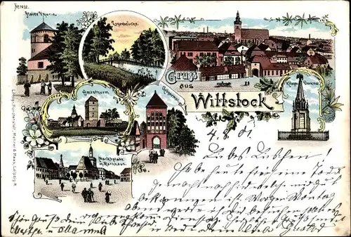 Litho Wittstock Dosse in der Prignitz, Amtsturm, Marktplatz, Rathaus, Kriegerdenkmal, Gröpertor