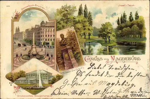 Litho Magdeburg, Grusonsches Gewächshaus, Hasselbachbrunnen, Friesendenkmal, Inselteich