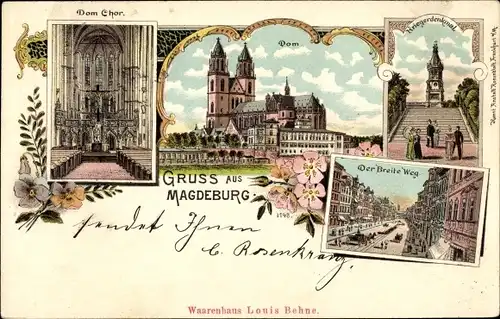 Litho Magdeburg, Der breite Weg, Dom, Chor und Kriegerdenkmal