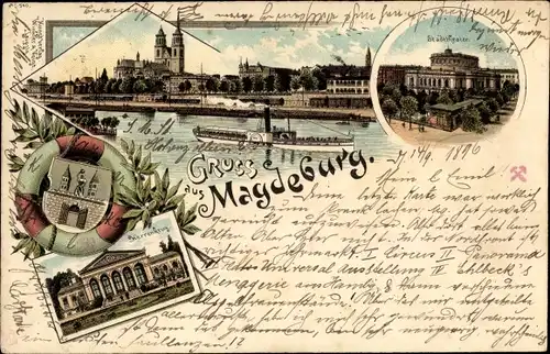 Litho Magdeburg, Dom, Panorama, Stadttheater, Herrenkrug, Wappen
