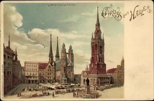 Litho Halle an der Saale, Marktplatz, Kirche, Turm