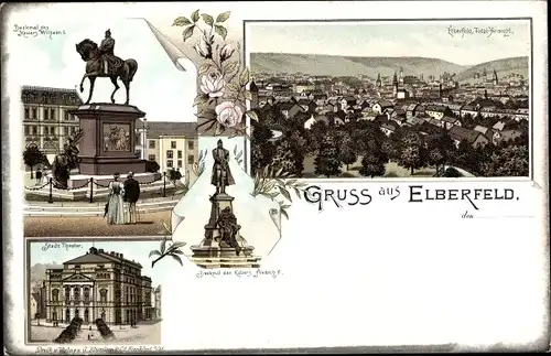 Litho Elberfeld Wuppertal, Panorama, Denkmal Kaiser Wilhelm I, Stadttheater