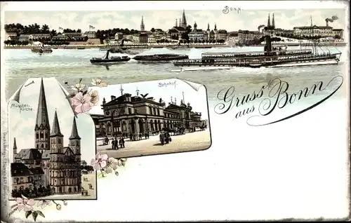 Litho Bonn am Rhein, Bahnhof, Panorama, Münsterkirche, Dampfer