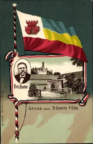 Wappen Passepartout Ak Dömitz an der Elbe Mecklenburg, Fritz Reuter, Portrait