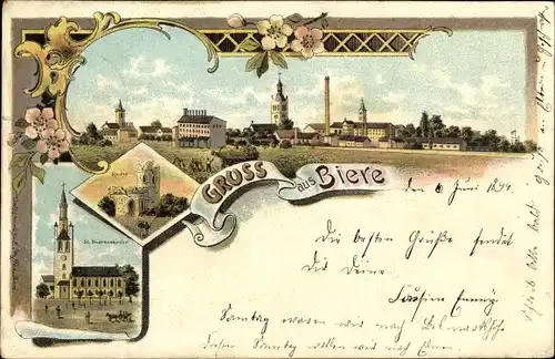 Litho Biere Bördeland im Salzlandkreis, Gesamtansicht, Kirche, Ruine