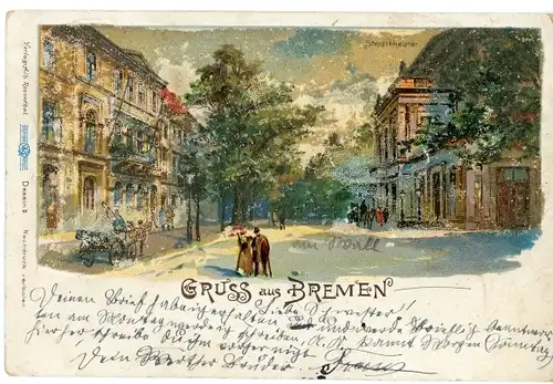 Glitzer Litho Hansestadt Bremen, Stadttheater, Stadtansicht, Passanten