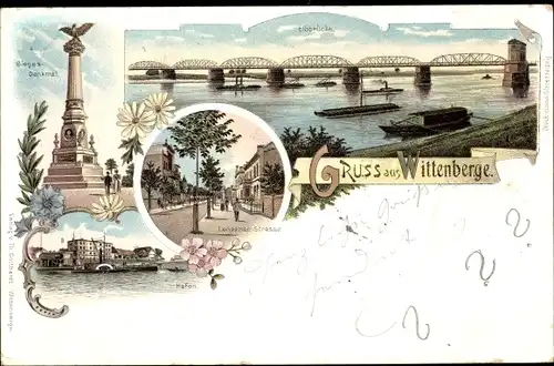 Litho Wittenberge an der Elbe, Elbbrücke, Hafen, Siegesdenkmal, Lenzener Straße